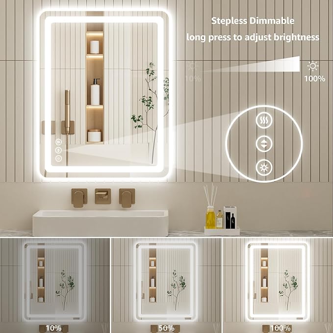 28" x 36" Led Bathroom Mirror with Lights, Anti-Fog & Tri-Color Lighting - Wall Mounted Shaving Mirror with Touch Sensor, Waterproof & Smart LED Vanity Mirror,Tempered Glass, Dimmable Smart Mirror
