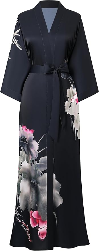 PRODESIGN Kimono Robe for Women - Long Satin Sleepwear Silky Kimono Cover-Up Nightgown Japanese Bathrobe Loungewear Blouse