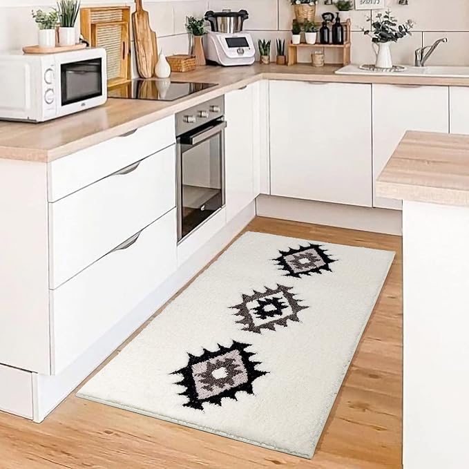 DEXDE Boho Bathroom Rugs 20x47 Black White Bath Mat Non Slip Long Bath Rug Runner Luxury Soft Absorbent Carpet for Bathroom Shower Kitchen Entryway Modern Western Decor