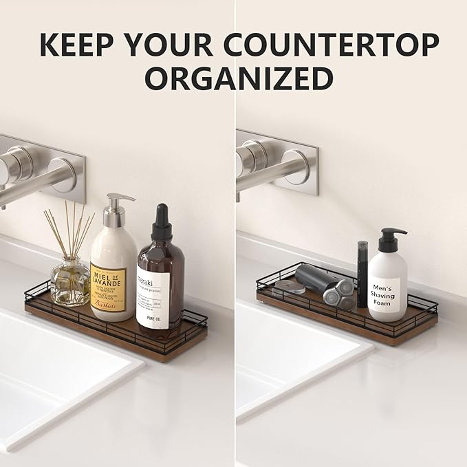 Bathroom Tray for Counter Top Organizer – Oak Wood Vanity Tray with Metal Frame for Dresser, Kitchen, Nightstand – Black & Brown Decorative Storage