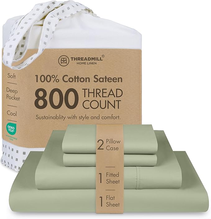 Threadmill Luxury 800 Thread Count King 100% Cotton Sheets - Sage Green Sateen Weave Bed-Sheets, Better Than Egyptian Cotton, 4 Pc Solid Soft Bed Set, Fits 16" Deep Pocket