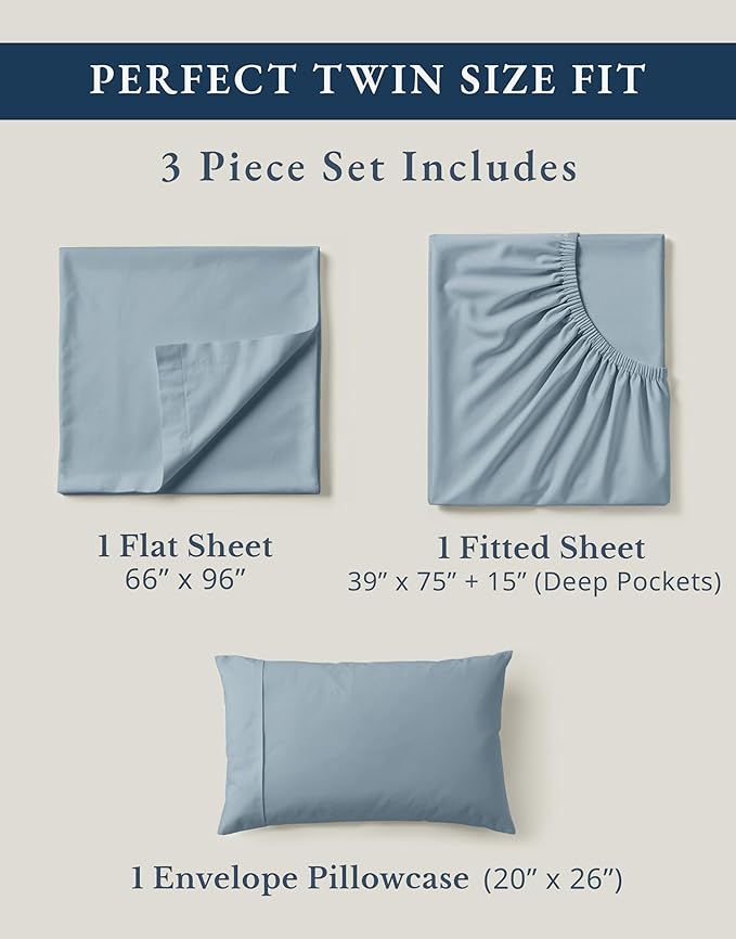 LANE LINEN 100% Organic Cotton Twin Bed Sheet Set, Mercerized Fully Elasticized Eco Friendly Sustainably Produced Bedding Sheets & Pillowcase Set, 15" Deep Pocket Twin Sheets - French Blue