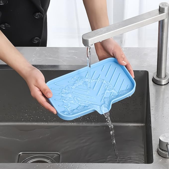 Silicone Bathroom Soap Dishes with Drain Spout-Bathroom and Kitchen Sink Organizer,Sponge Holder,Dish Soap Tray,Perfect for Dispenser,Scrubber,Bottle on Sink or Counter-Light Blue 9.6"×5.3"