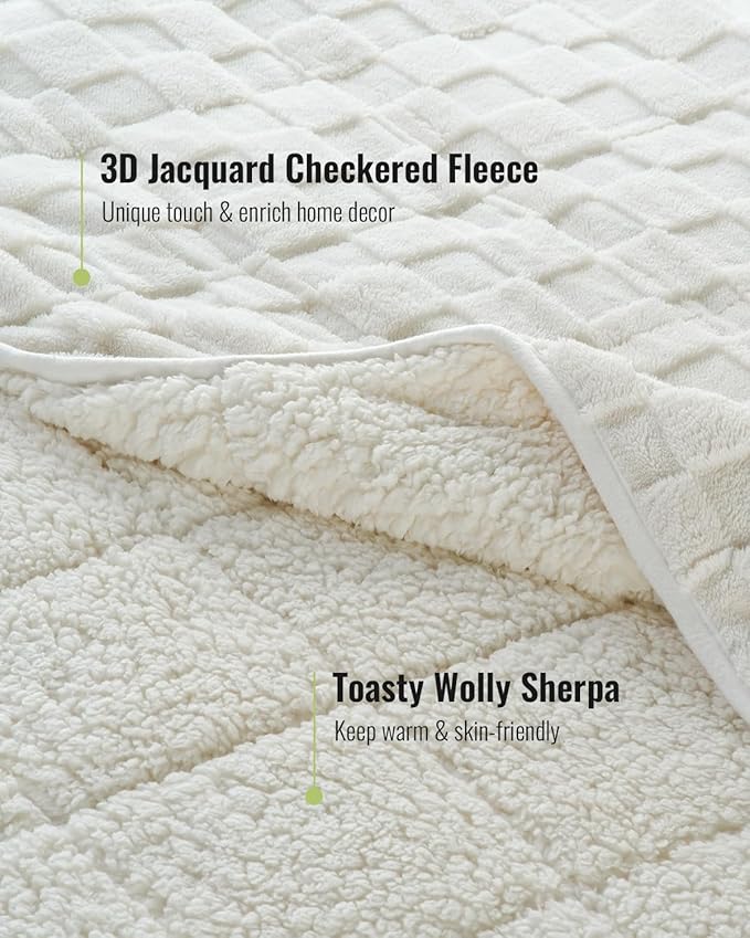 Uttermara Sherpa Fleece Weighted Blanket Full Size(12lbs, 48" x 72", Cream White), 3D Jacquard Checkered Warm Sherpa Heavy Blanket for Adults, Soft Fuzzy Weighted Blankets for Couch Bed Sofa