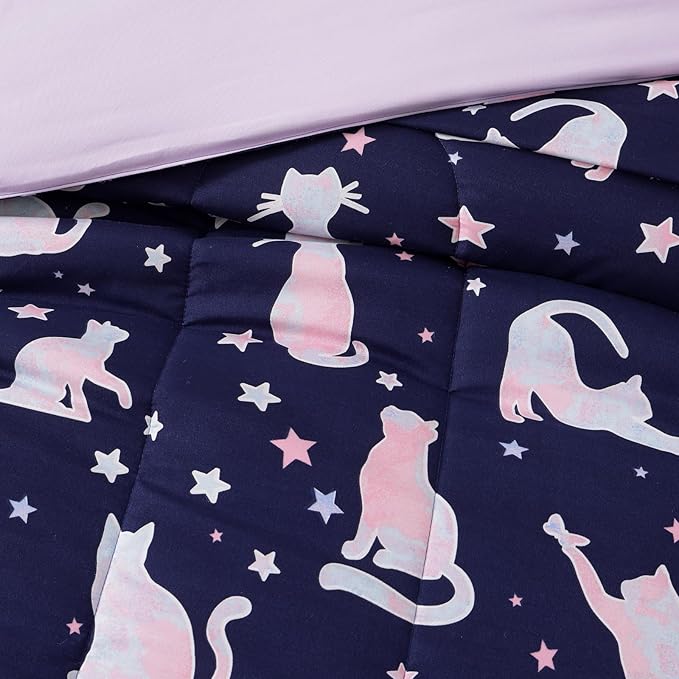 Full Size Comforter Set for Girls-4 Pieces Cat Patterns Full Bedding Set with 1 Comforter, 1 Decor Pillow &2 Pillow Shams