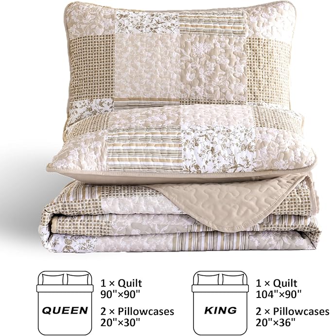 Mybedsoul Beige Boho Quilt Set Queen Size, 3 Pieces Plaid Floral Bedspread Set Patchwork Reversible Bedding Set Microfiber Bedding Bedspread Coverlet Set for All Season 90"x96"