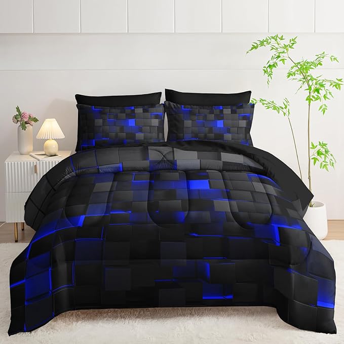 Twin Size Comforter Set 7 Piece - Black and Blue Modern Bedding, 3D Cube Design, Soft Microfiber, Gamer Bed Set, All Season
