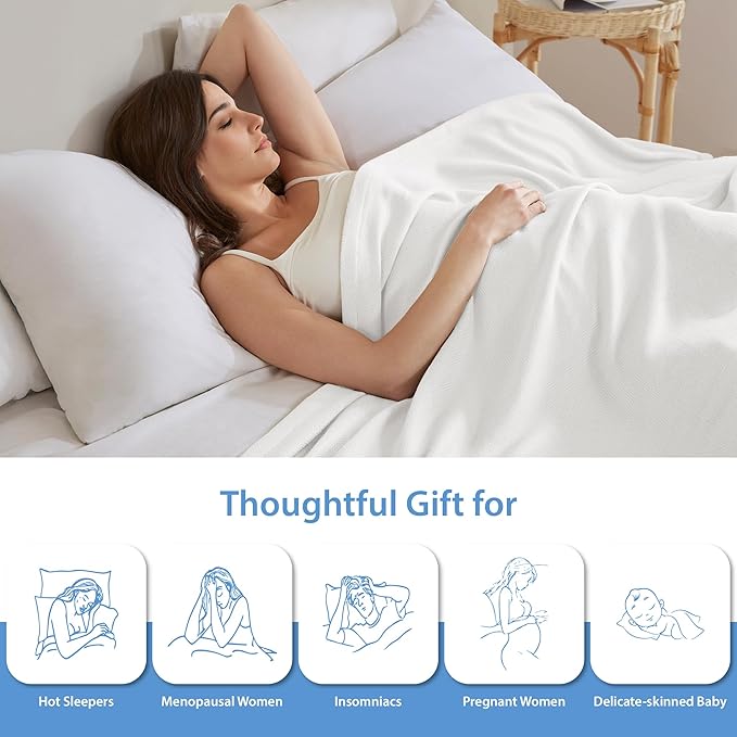 Queen Size Blanket, 70% Rayon (Derived from Bamboo) and 30% Cotton, Lightweight Jacquard Weave, Breathable and Soft Summer Blanket for Bed or Couch, 90” x 90”, White