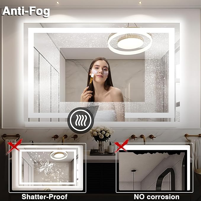 55"x40" Bathroom Mirror with LED Lights, Front and Backlit Mirror, Anti-Fog LED Vanity Mirror, 3 Colors and Dimmable Mirror, Waterproof, Corrosion Proof (Horizontal/Vertical)