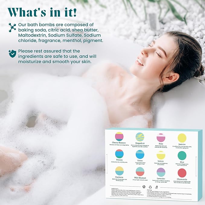 Bath Bombs for Women, 12pcs Handmade Natural Bath Bomb, Stocking Stuffers, Mothers Day Presents for Mom, Bath Bomb with Shea Butter, White Elephant, Valentines Day Gifts for Her and Him