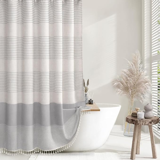 Awellife Farmhouse Grey Shower Curtain for Bathroom Linen Texture Stripe Tassel Shower Curtain 72 X 72 Inches Neutral