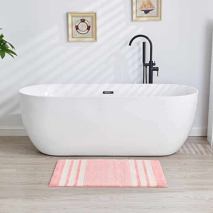 CozeCube Bath mats for Bathroom Non Slip, Fluffy Absorbent Microfiber Bath mat Washable, Aesthetic Bathroom Rugs, Large Blossom Pink Striped Bath mat, Blossom Pink, 36" x 24"