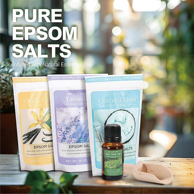 Bath Salts for Women, Spa Luxetique Epsom Salts for Soaking, 3pc Bath Salt Gifts Set, Lavender, Vanilla and Coconut Scent with Tea Tree Oil Gifts for Her Birthday Gifts