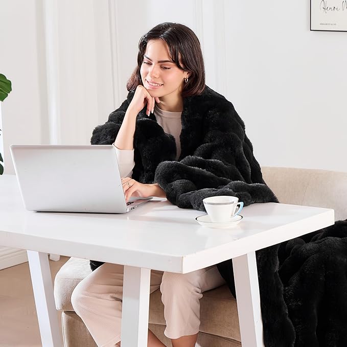 Fluffy Faux Fur Throw Blanket for Couch, Bed & Sofa - Twin Size 60''x80'', Luxury Cozy Plush, Bubble, Warm Decorative Blanket - Black