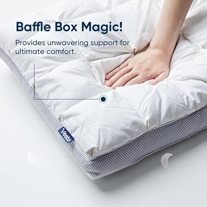 Vesta Hungarian Down Low Loft Pillow, 95% Goose Down Core, Baffle Boxe Design for Optimal Fluffiness, Ideal for Back & Stomach Sleepers, Low to Medium Profile (3.5" Height) & Soft - PlumZen