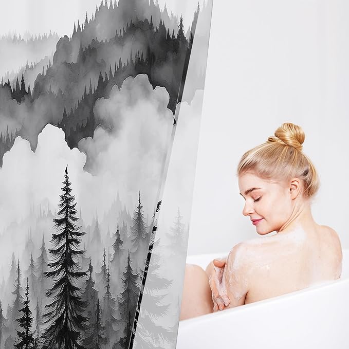 Black and Grey Misty Pine Forest Shower Curtain, Mountain Foggy Woodland Scenery Tree Shower Curtains for Chic Rustic Bathroom, Abstract Modern Waterproof Nature-Themed Decor, 72x72 Inches