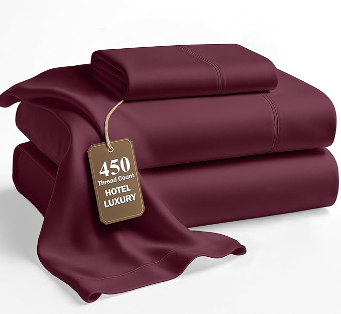 LANE LINEN 100% Cotton Twin XL Size Sheets Set - 3 Pieces - Ultra Soft Sateen Weave, 450 Thread Count - Breathable, Cooling, Durable, 15" Deep Pockets - Windsor Wine