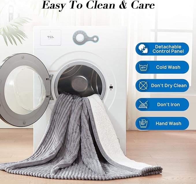 Westinghouse Full Size Heated Blanket, Soft Flannel to Sherpa Reversible, Electric Blanket Full with 10 Heating Settings & 1-12 Hours Auto Shut Off, Machine Washable, (72" x 84", Light Grey)