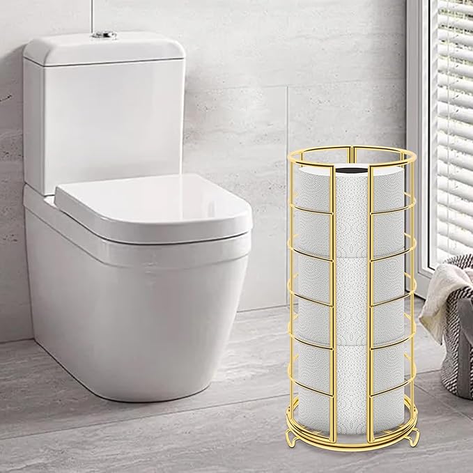 NearMoon Toilet Paper Organizer Stand, Free Standing 3 Rolls Tissue Storage, Metal Bathroom Accessory, Rustproof Toilet Roll Holder for Kitchen Countertop Inside Cabinet Shelf(Metal Base, Gold)