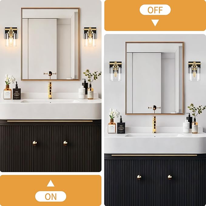 1 Light Modern Bathroom Light Fixtures Over Mirror, Black Gold Vanity Lights for Bathroom Wall Sconces with Clear Glass Shades, E26 Socket (Bulbs Not Included)