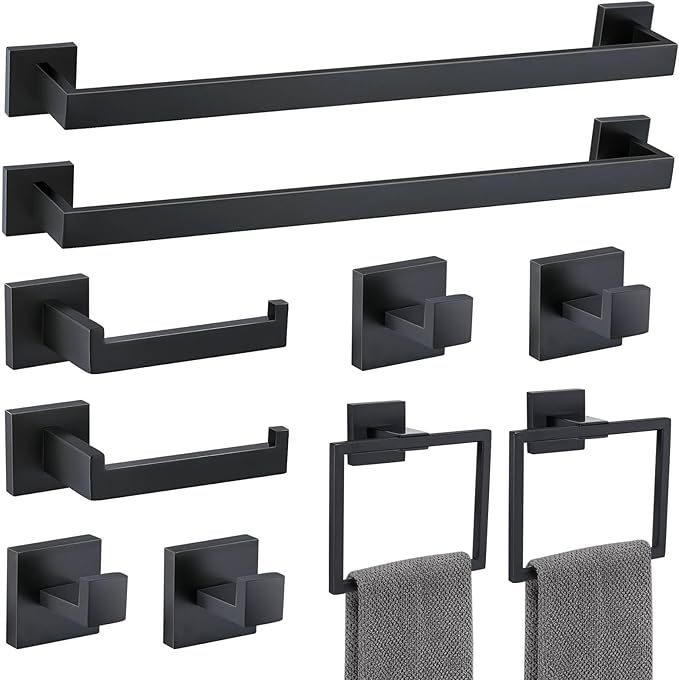 10 Pieces Bathroom Hardware Accessories Set Black Towel Bar Set Towel Holder Racks Set for Bathroom,SUS304 Stainless Steel,Wall Mounted 23.6-Inch