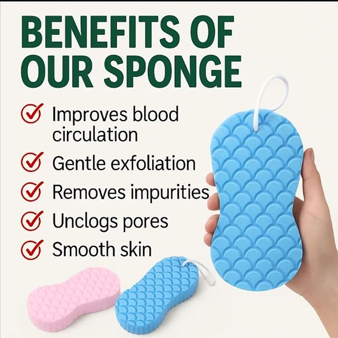 Skin Scrubber Exfoliator - 3D Super Soft Body Scrub Sponge for Dead Skin Removal, Reusable Skin-Friendly Exfoliator Also a Gentle Bath Sponge for Baby, for Adults, Kids & Pregnant Women (Blue+Pink)