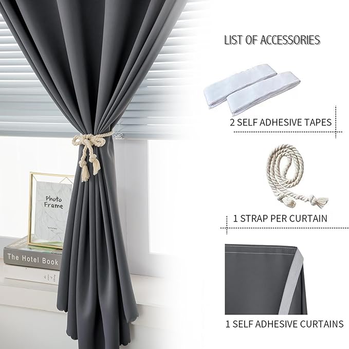 Magic Tape Blackout Curtains for Bedroom No Drillng Self Adhesive Curtains No Rod Small Window, 47" W X 84" L, Grey, 1 Panel