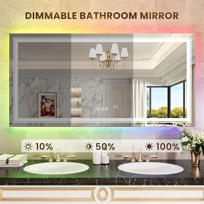 WTTY RGB LED Mirror for Bathroom,72"x32" Large LED Bathroom Mirror with Backlit and Front Light,Stepless Dimmable,Anti-Fog,Lighted Bathroom Vanity Mirror for Wall,Shatterproof,Memory Function