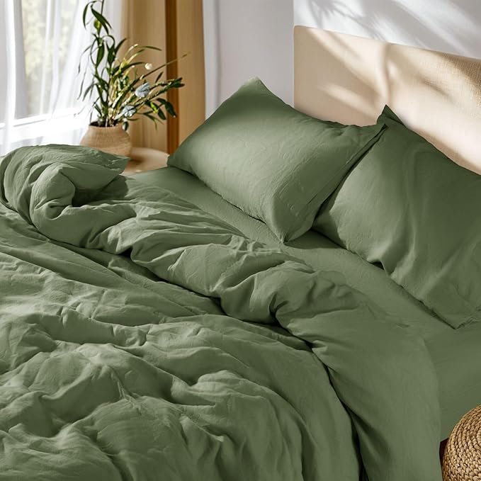 SONORO KATE 100% French Linen Duvet Cover Queen Size, Soft Breathable for Hot Sleepers, Moisture Wicking & Durable Cover Set - Zipper Closure & 4 Corner Ties Duvet Covers 3 Piece (Olive Green,Queen)
