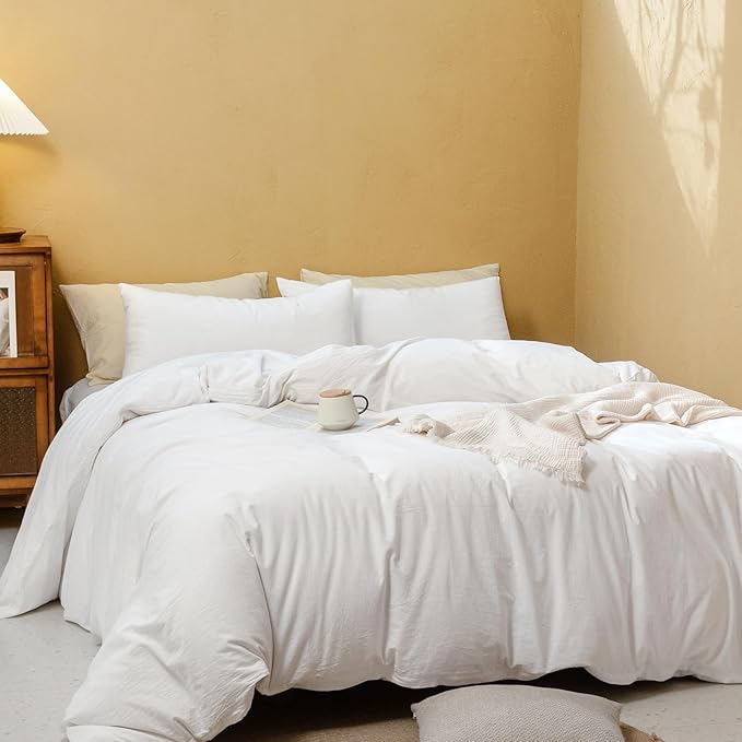 FOSSA White Duvet Cover Set, 100% Washed Cotton Linen Feel Super Soft Breathable Cozy 3 Pieces Bedding Sets Solid Off White Oversized Queen