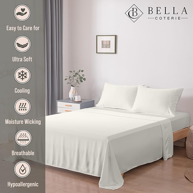 Bella Coterie Luxury Bamboo Viscose Twin Size Sheet Set | 100% Organically Grown | Ultra Soft | Cooling for Hot Sleepers | 18" Deep Pocket [Ivory]