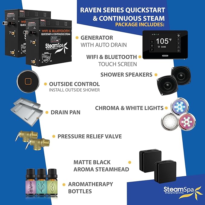 SteamSpa Steam System 18kW Steam Shower Generator with Bluetooth Wifi, Quickstart Continous Steam, Advanced Touch Pad Screen, Chroma Lights, Drain Pan and Auto Drain Black RVBS1800BK-A