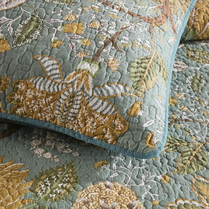 ENASAL Cotton Bedspread Quilt Sets Reversible Bedding Coverlet Sets Comforter, Vintage Floral Farmhouse Pastoral Turquoise Bedspread, Queen Size