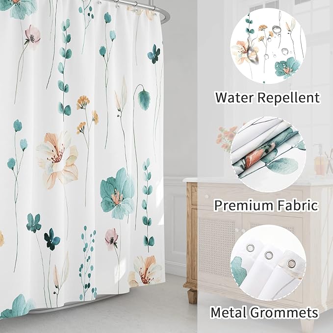 Gibelle Extra Long Shower Curtain 72 x 84, Watercolor Floral Fabric Shower Curtain, Teal Beige Flower Decorative Bathroom Shower Curtain Set with Hooks