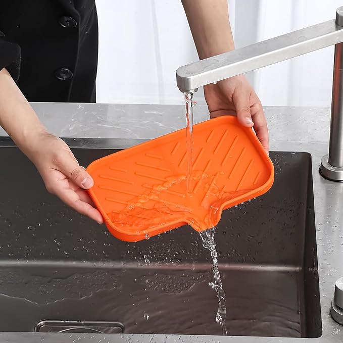 Silicone Bathroom Soap Dishes with Drain Spout-Bathroom and Kitchen Sink Organizer,Sponge Holder,Dish Soap Tray,Perfect for Dispenser,Scrubber,Bottle,Cup on Sink or Counter-Orange 9.6"×5.3"