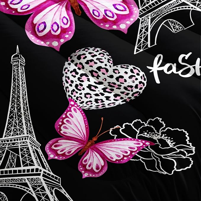 Pink Butterfly Comforter Queen Bedding Sets for Girls, Eiffel Tower Leopard Heart Pattern Bedding Sets with 2 Pillowcases,Aesthetic Bedding for Women Girls Bedroom Paris Decor.