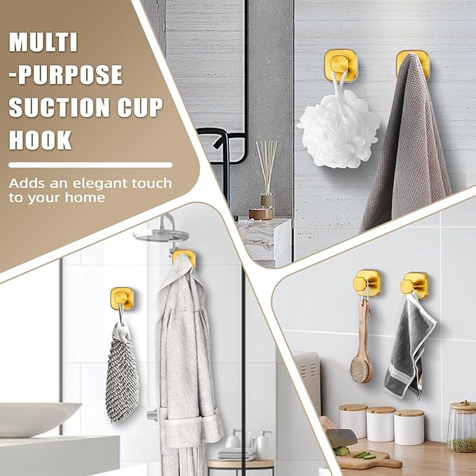 Suction Cup Hooks for Shower - Resuable Bathroom Hooks for Towels, Robes & Loofah - No-Drill Mounting on Kitchen,Walls,Metal,Glass,Mirrors,Tile & Smooth Non-Porous Surfaces (4, Brushed Gold)