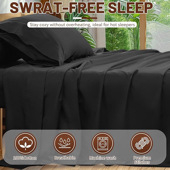 Extra Deep Pocket King Sheets 18-24 Inch 1000 Thread Count 100% Egyptian Cotton Sateen Weave Soft Breathable 4 Pieces（King，Black）