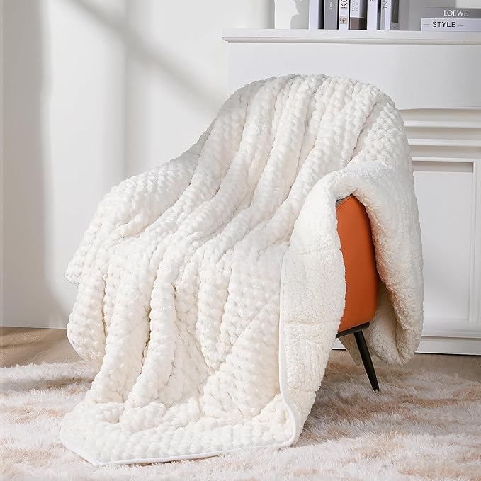 Topblan Sherpa Weighted Blanket for Adluts, Soft Cozy Jacquard Fleece Weighted Blankets Queen Size 20lbs, Thick Heavy Blanket for Sleeping, 60 x 80 inches, Cream White