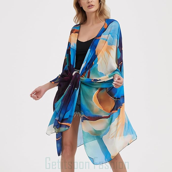 Women's Bohemian Floral Chiffon Beach Cover up Swimsuit Kimono Summer Swimwear Cardigans