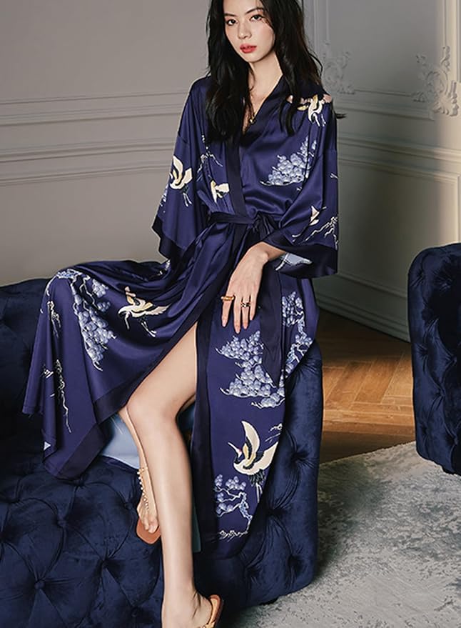 Silk Satin Robe for Women Long Japanese Kimono Robe Lightweight Soft Bathrobe Floral Luxury Dressing Gown