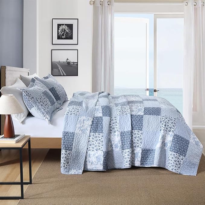 ENASAL Cotton Bedspread Quilt Bedding Sets Reversible Coverlet Sets Comforters Rustic Floral White Blue Patchwork Pattern Bedspread for All Season, King Size