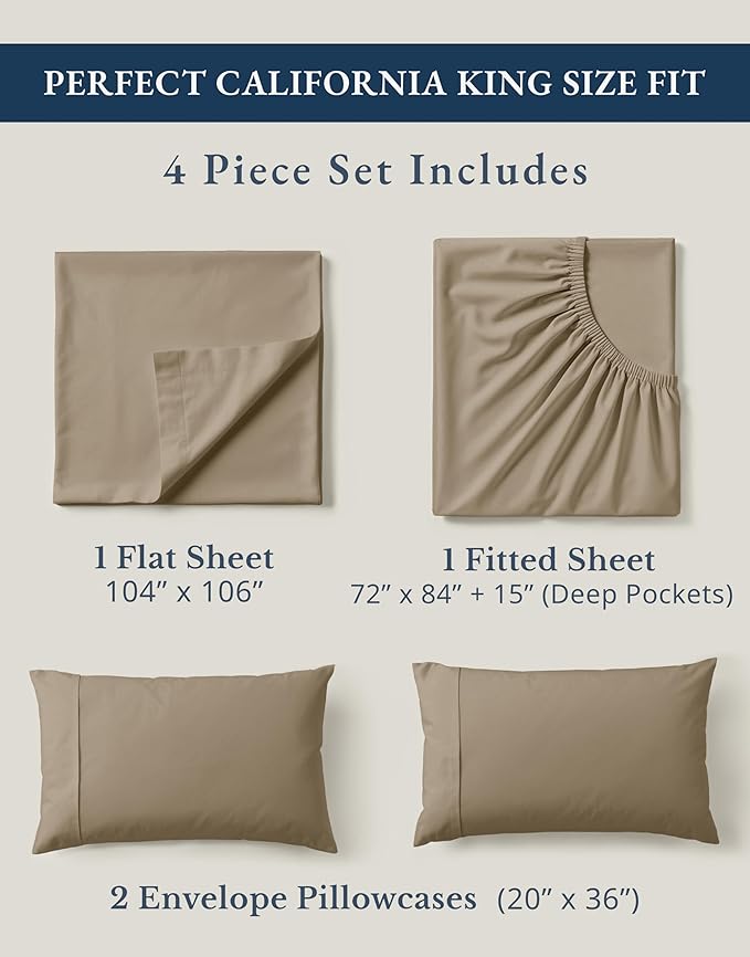 LANE LINEN 100% Organic Cotton California King Sheets Set, 4-Piece Organic Cotton Percale Weave Ultra Soft & Comfy Machine Washable Mercerized Bed Sheets, Fits Mattress Upto 15" Deep - Taupe