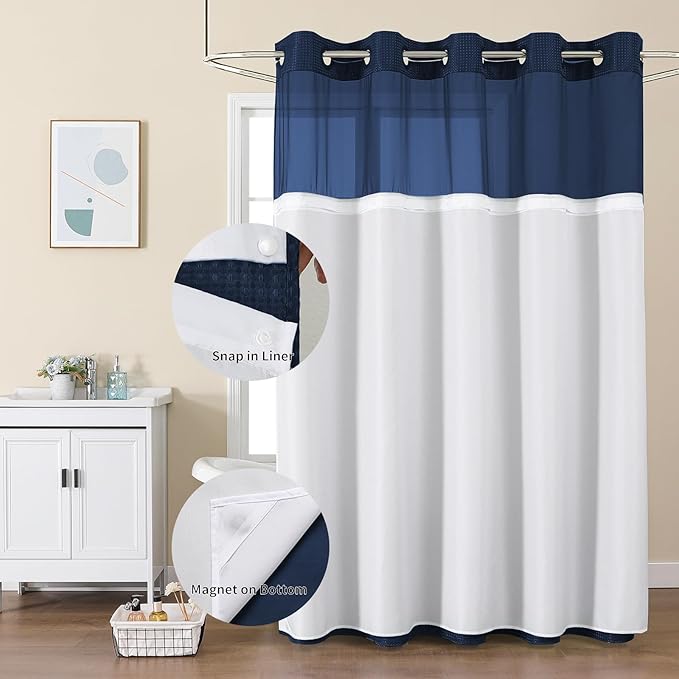 Colorful Star No Hook Shower Curtain with Snap in Fabric Liner, Waffle Weave Heavy Duty Thick Shower Curtains with Mesh Top Window, Hotel Style Waterproof Bathroom Curtain Set, 72 x 81 Inch, Navy Blue
