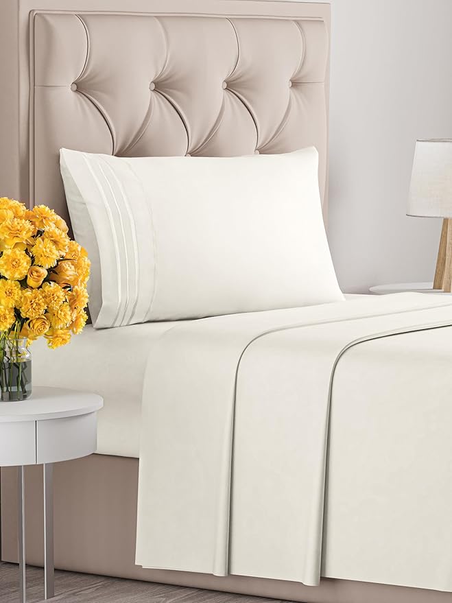 Twin Size 3 Piece Sheet Set - Extra Soft, Breathable And Cooling Sheets - Hotel Luxury Durable Bed Sheets for Women & Men - Deep Pockets, Easy-Fit & Wrinkle-Free Sheets - Ivory Oeko-Tex Bed Sheet Set