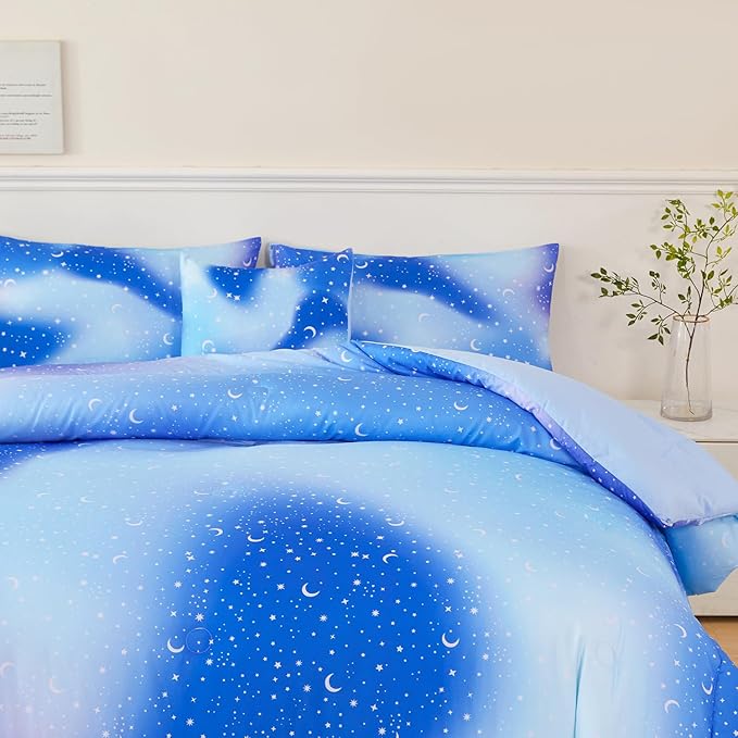 URBONUR 6Pcs Gradient Glitter Comforter Set for Girls Queen Size Blue Galaxy Kids Bedding Set for Boys Comforter Sets Soft Bed in A Bag Queen (Ombre Blue)