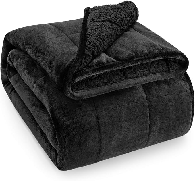 Wemore Sherpa Fleece Weighted Blanket for Adult 12 lbs Dual Sided Cozy Fluffy Heavy Blanket,Ultra Fuzzy Throw Blanket with Soft Plush Flannel Top,48 x 72 inches,Black on Both Sides