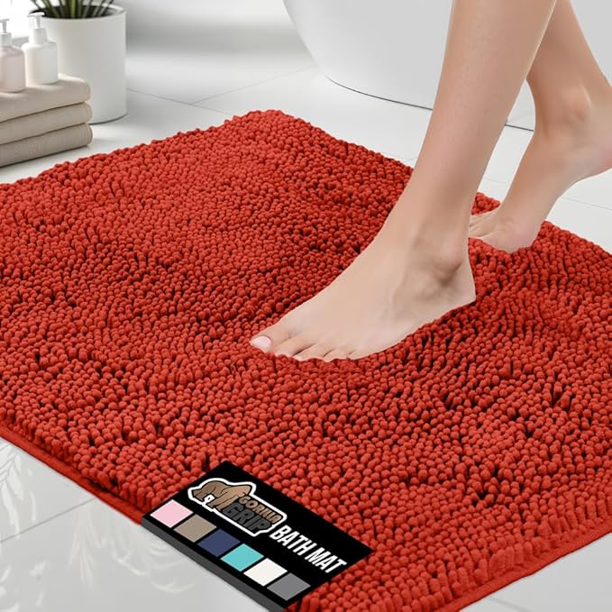 GORILLA GRIP Bath Rug Mat 60x24, Thick Soft Absorbent Chenille, Quick Dry Microfiber Mats, Rubber Backing, Machine Washable Shower Floor Rugs, Bathmat Runner, Bathroom Decor Accessories Sunset Orange