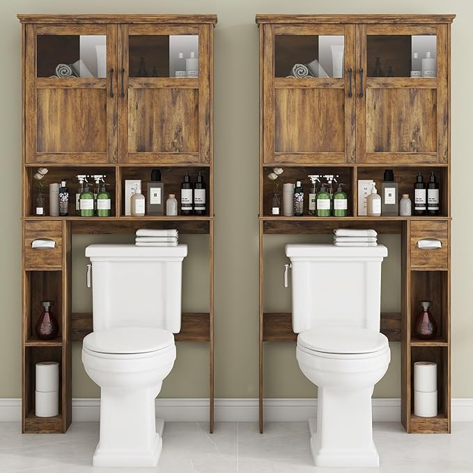 Vabches Over The Toilet Storage Cabinet With Double Doors & Paper Holder Stand, Freestanding Shelf Space Saver With Anti-Tip Design & Adjustable Shelf, Brown