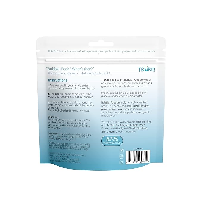 TruKid Bubble Podz Bubble Bath for Kids, Toddlers, & Babies, Tear Free Gentle & Refreshing Bath Bomb for Sensitive Skin with Natural Moisturizers, Non-Toxic, pH Balanced, Bubble Gum Scent (10 Podz)